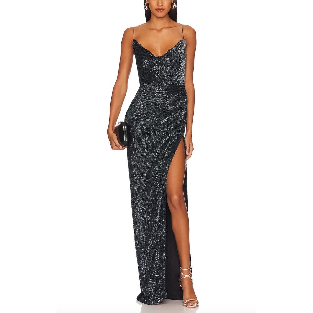 Retrofete Katya Sequin Gown Black XS Cowl Beaded Slit Luxury Maxi Dress $795 NEW